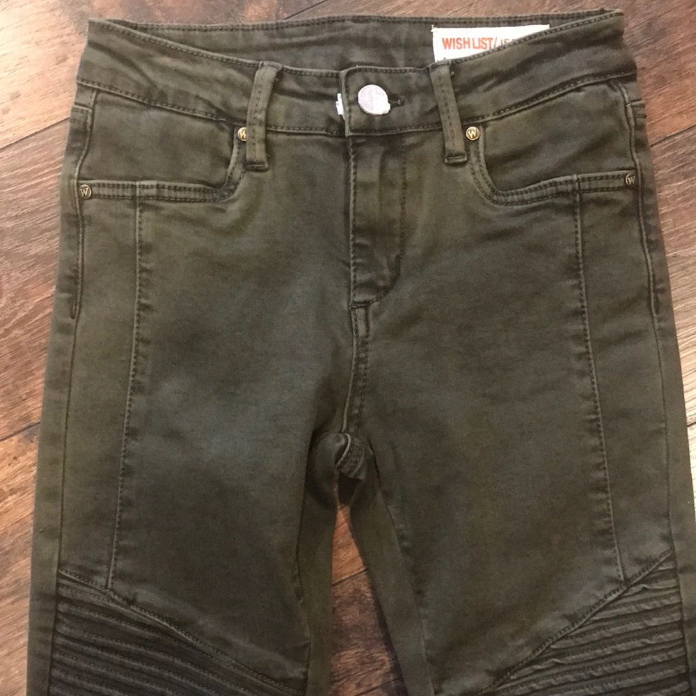 Olive Skinny Moto Zipper Stretch Jeans - Picture 2 of 3